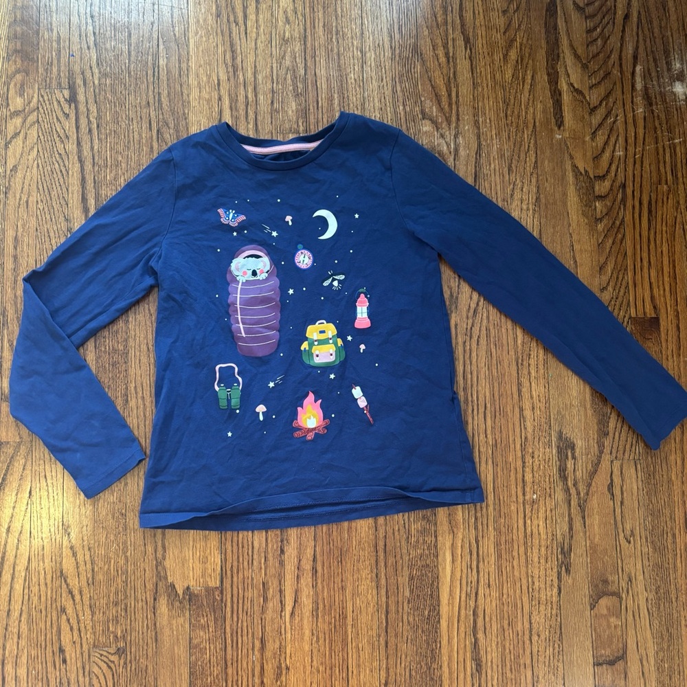 Mini Boden Koala Camping Collage Long Sleeve Navy T Shirt, size 11-12